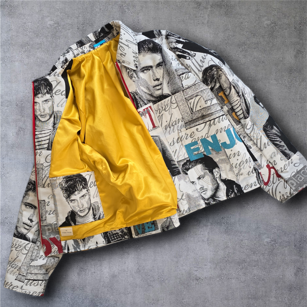 Jacket with red zipper.
