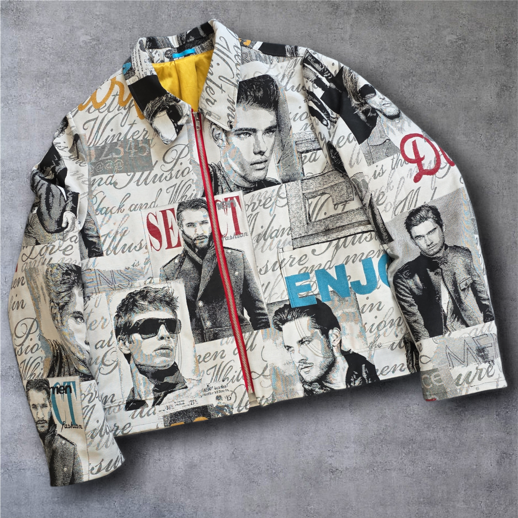 Jacket with red zipper.
