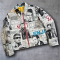 Jacket with red zipper.
