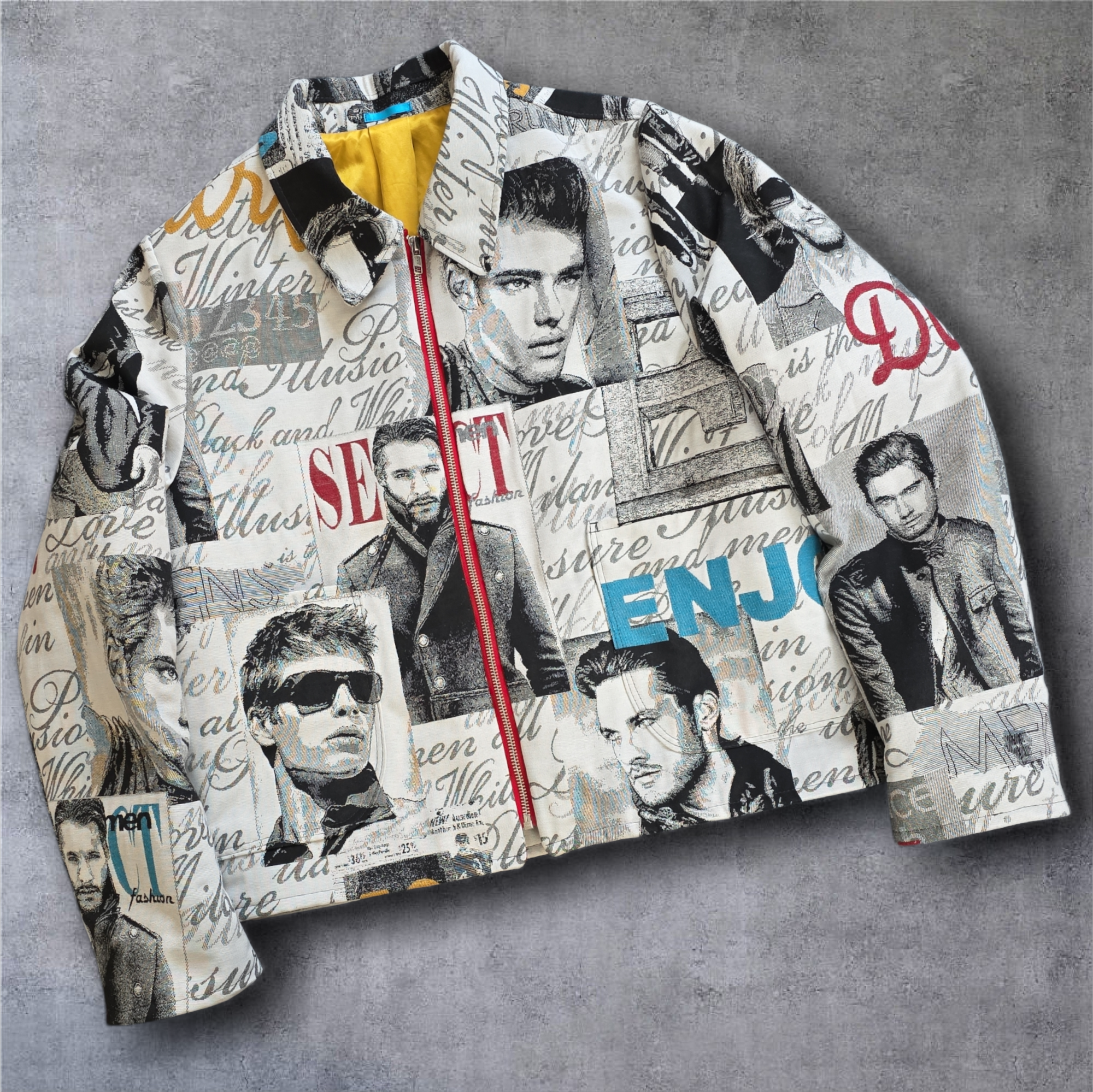 Jacket with red zipper.