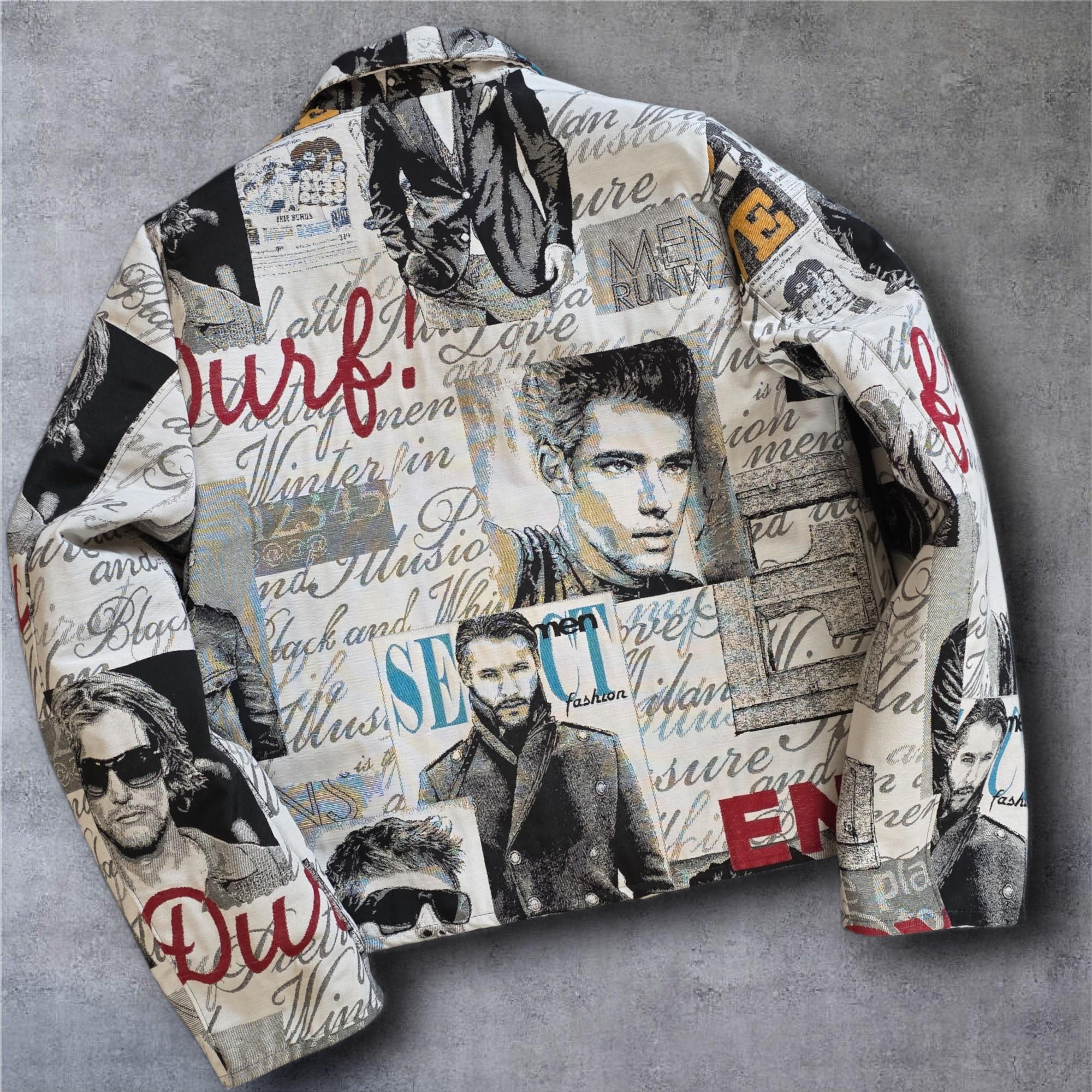 Jacket with red zipper.